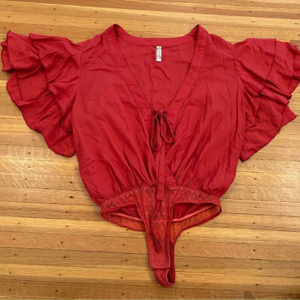 Free People Intimately Red Short Sleeve Blouse Bodysuit
